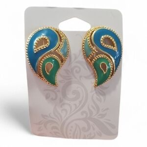 Avon Vintage 1992 Enamel Paisley Statement Earrings Blue Green Gold Tone Glam